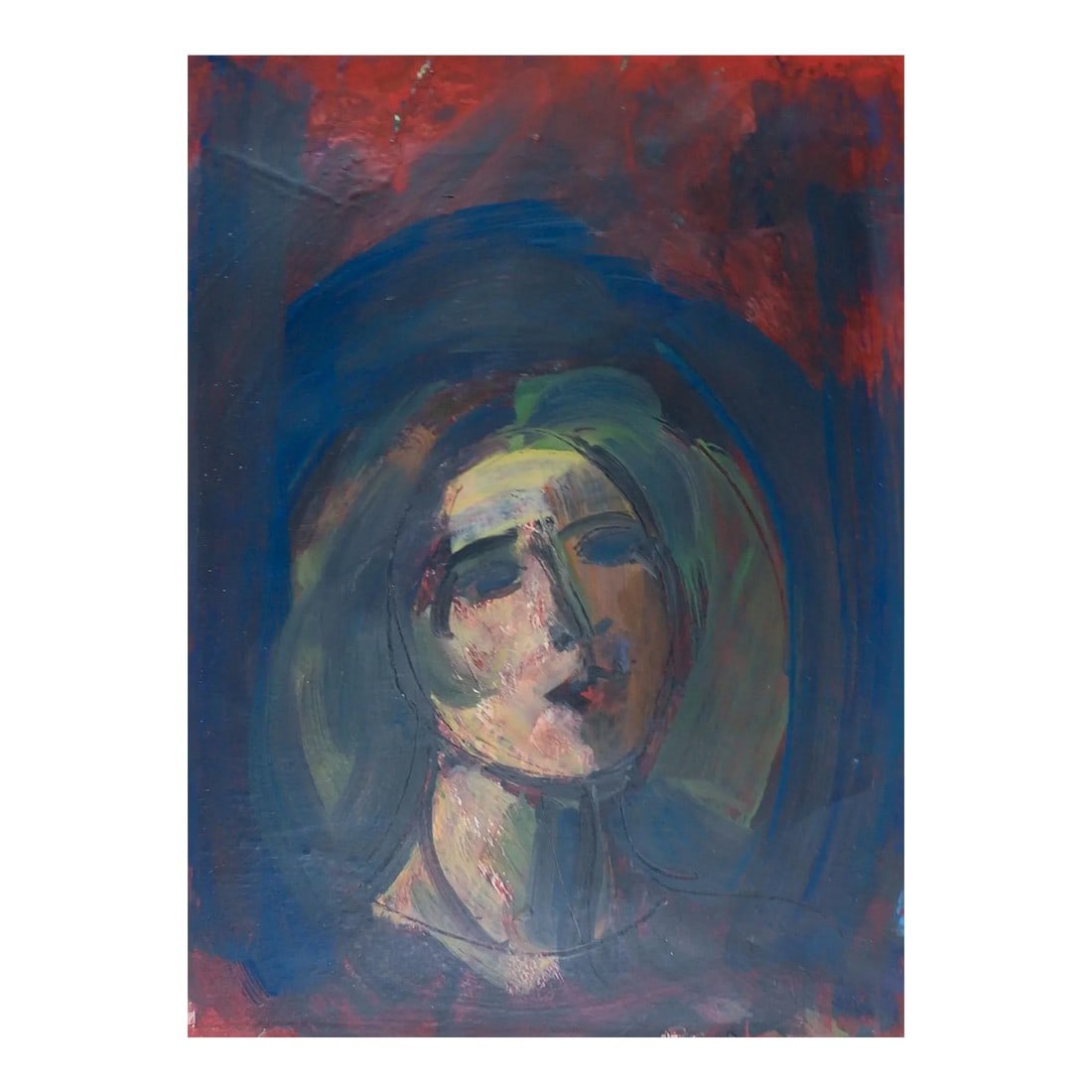 Vintage Modernist Womans Portrait Painting: Vintage modernist oil on paper portrait of woman with dark red background. Unsigned. Unframed, tape remains on verso. Condition: Alterations: Original Condition Unaltered Imperfections: Some
