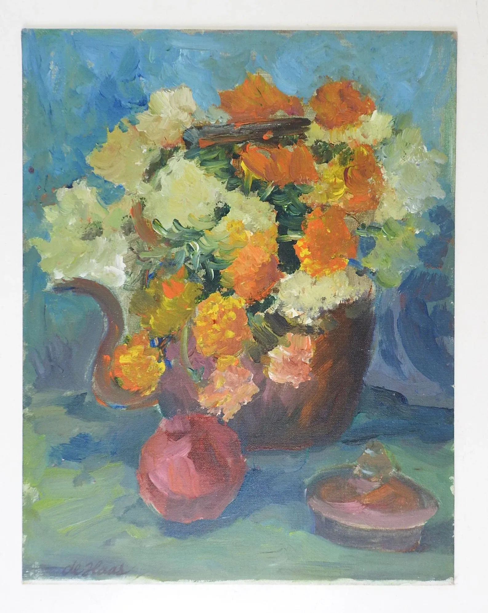 Vintage Mid Century Orange & White Floral Still Life Painting - 3