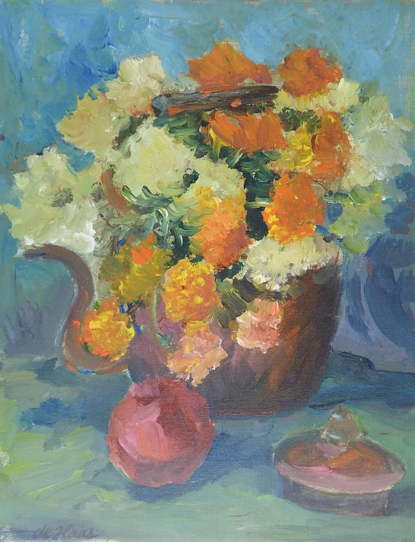 Vintage Mid Century Orange & White Floral Still Life Painting - 4