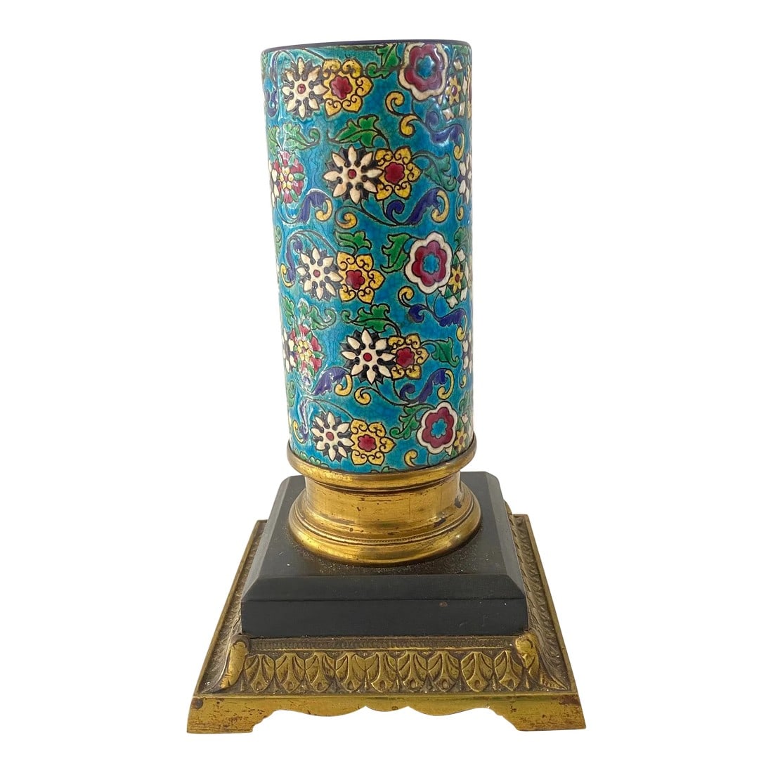 Antique Longwy French Enameled Floral Oil Lamp Base: Even though this beauty is missing her upper, she is still a gorgeous relic of the late 1800s who deserves a place of prominence. This Longwy piece was the base of an oil lamp, but now can be used as