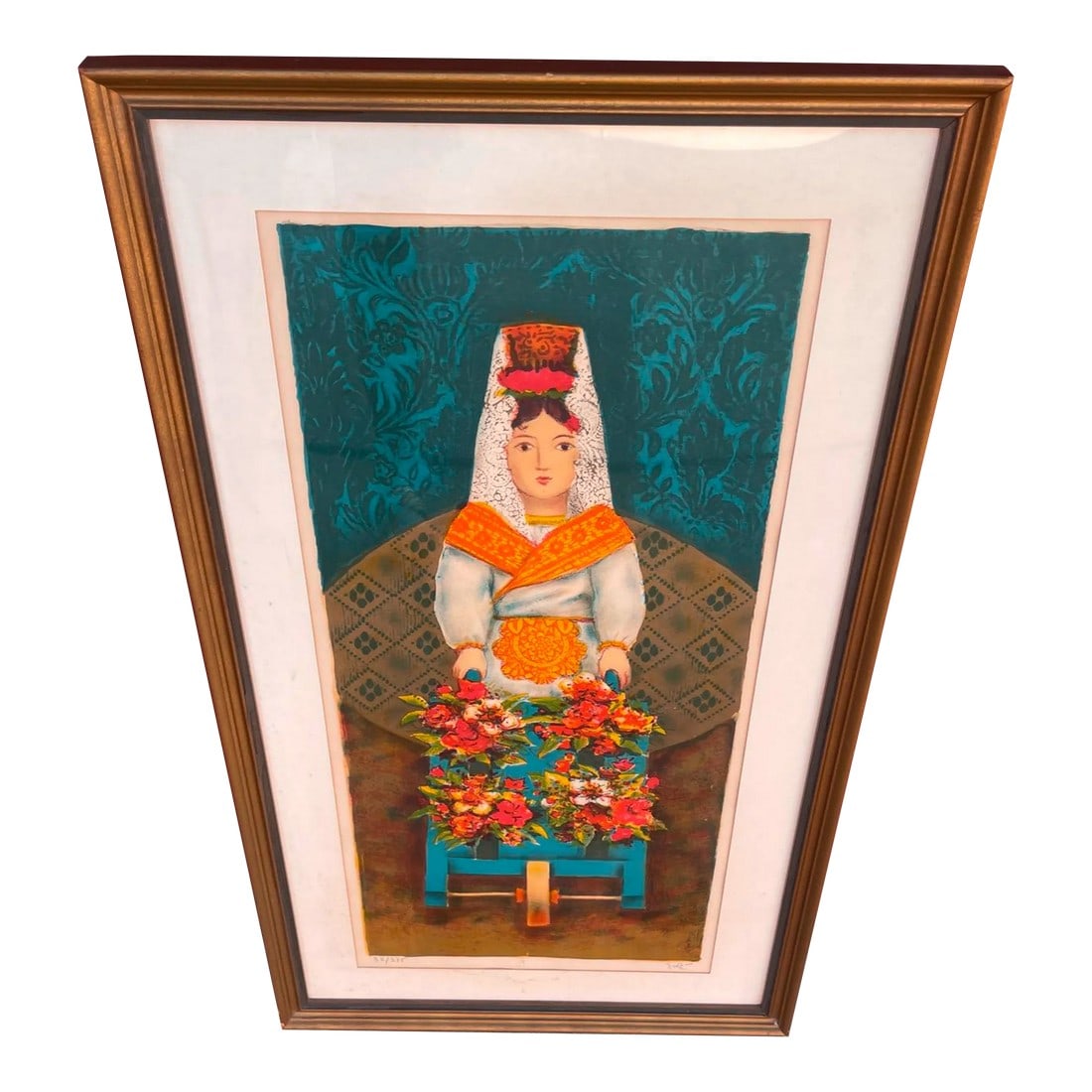 Original Limited Edition Lithograph Signed by Artist 32/375: Original Limited Edition Lithograph Signed by the Artist #32/375 Lady pushing a barrel of flowers. Vibrant colors throughout. Hard to make out artist, Sole? Authentication on back 32in h x 18in w x