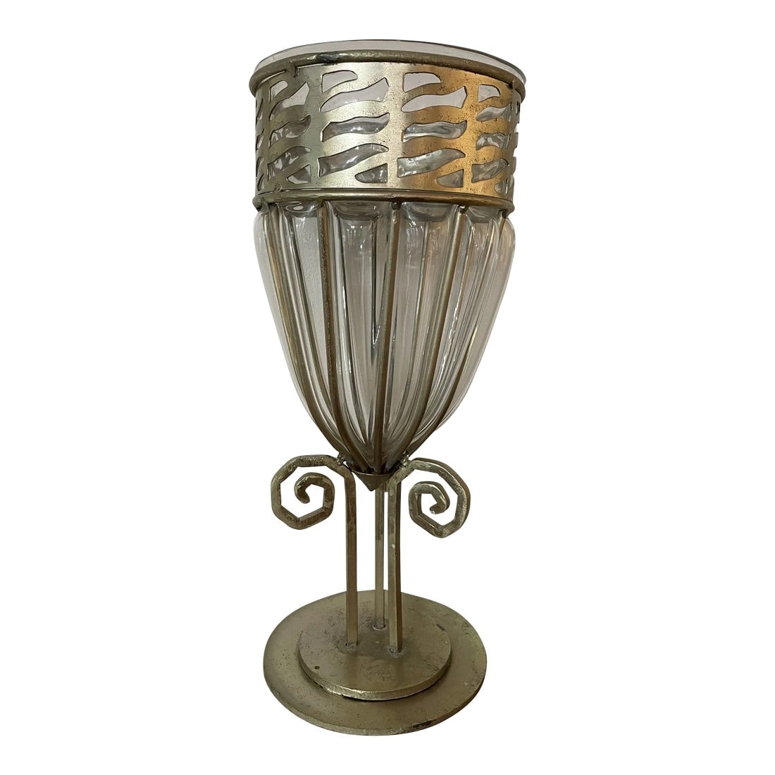 1980's Emilio Robba Cased Glass and Iron Vase: From what we can gather, Emilio Robba is an artist, photographer and floral designer. This piece is probably from his early career and bears his signature label on the bottom. The blown glass is