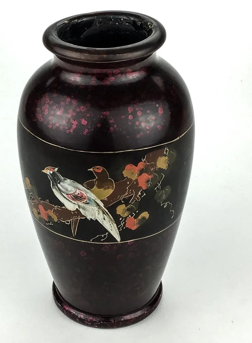 Vintage Artisan Lacquered Metal Hand Painted Vase Japan - 13