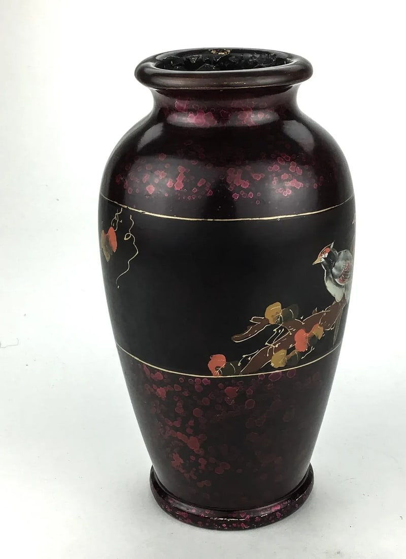 Vintage Artisan Lacquered Metal Hand Painted Vase Japan - 2