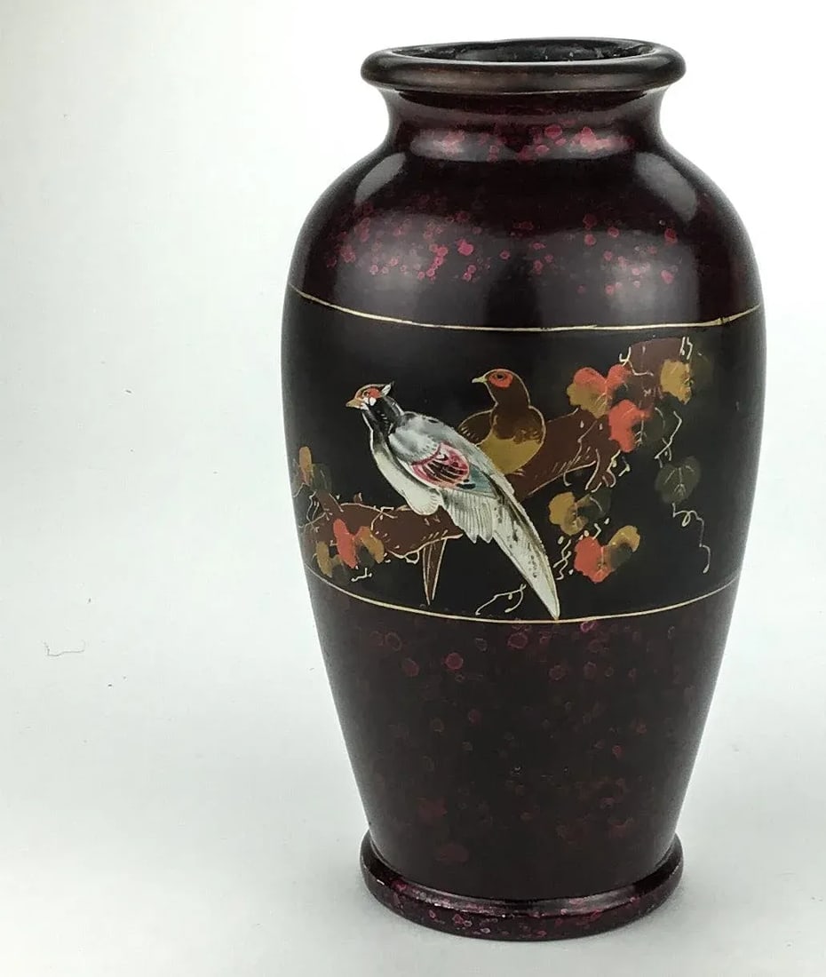 Vintage Artisan Lacquered Metal Hand Painted Vase Japan - 3