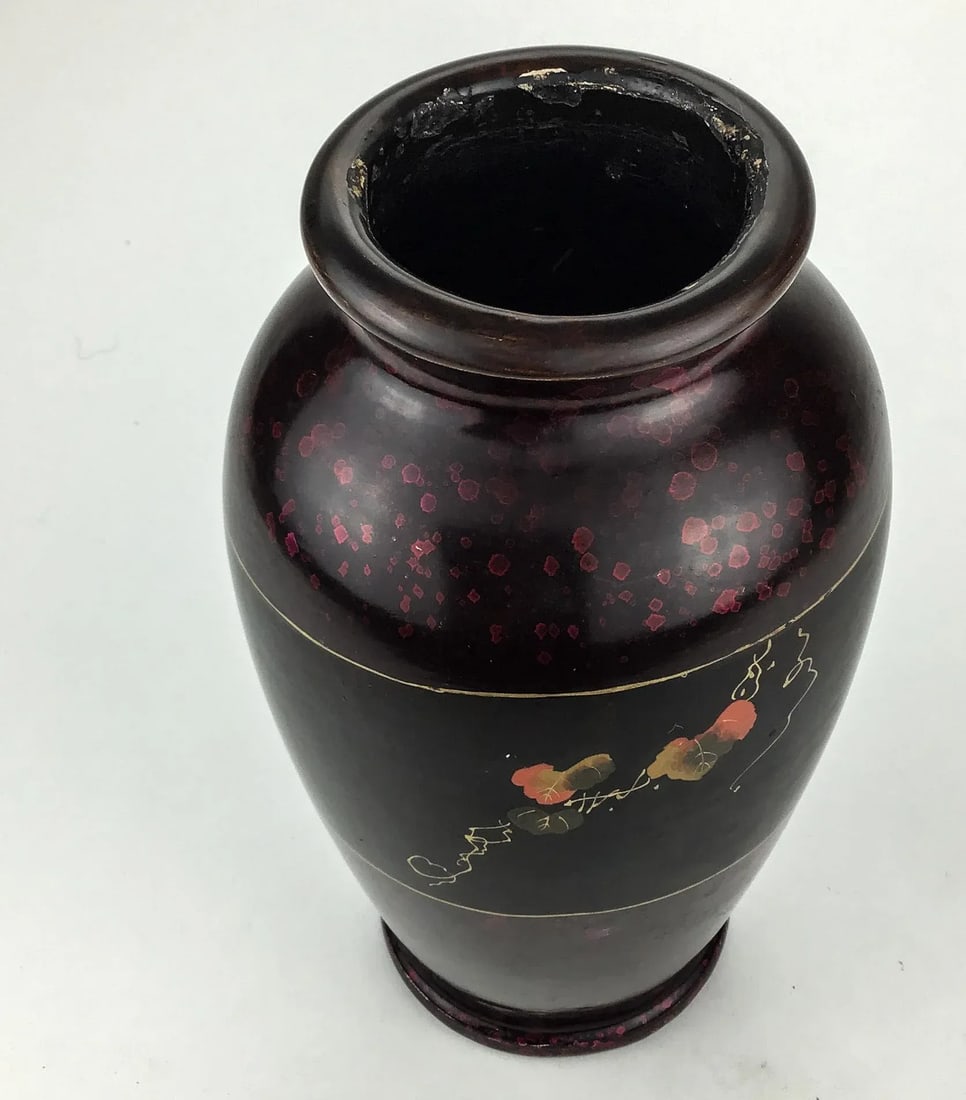 Vintage Artisan Lacquered Metal Hand Painted Vase Japan - 5