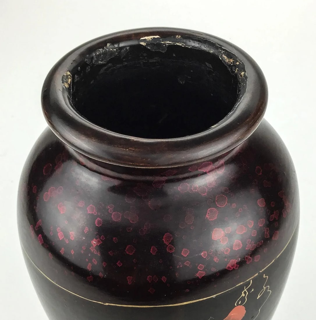 Vintage Artisan Lacquered Metal Hand Painted Vase Japan - 7
