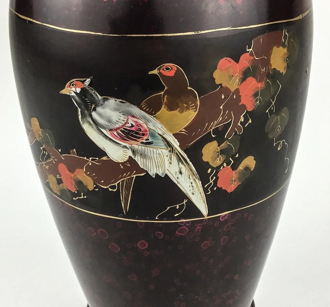 Vintage Artisan Lacquered Metal Hand Painted Vase Japan - 9