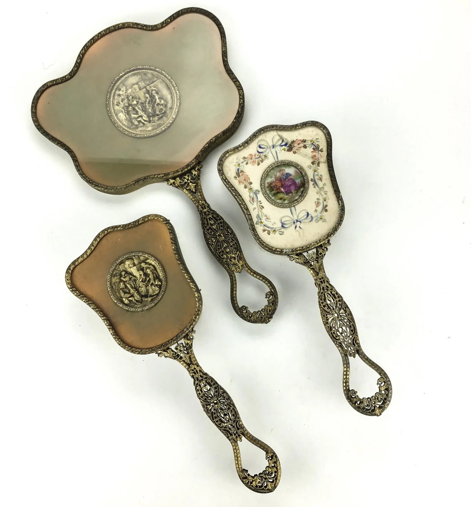 Antique His & Hers Victorian Hand Mirror 3 Piece Brush Set - 2