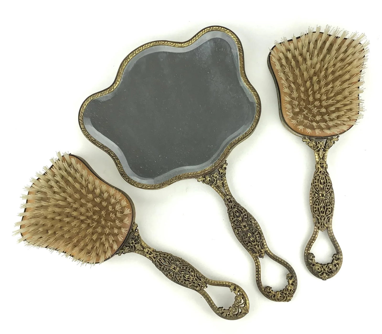 Antique His & Hers Victorian Hand Mirror 3 Piece Brush Set - 3
