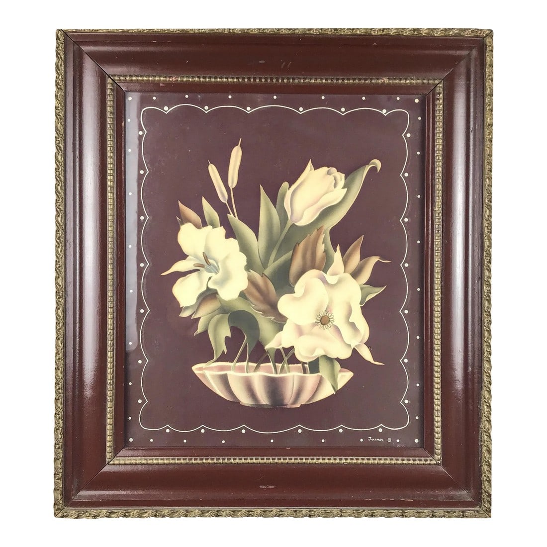 Victorian Watercolor Original Painting Signed: Unusual style and beautiful colors are perfect on this cool work of art. Probably painted in the 1900's and glass protected. We love the dark background and subtle shades of pale creams and yellows. S