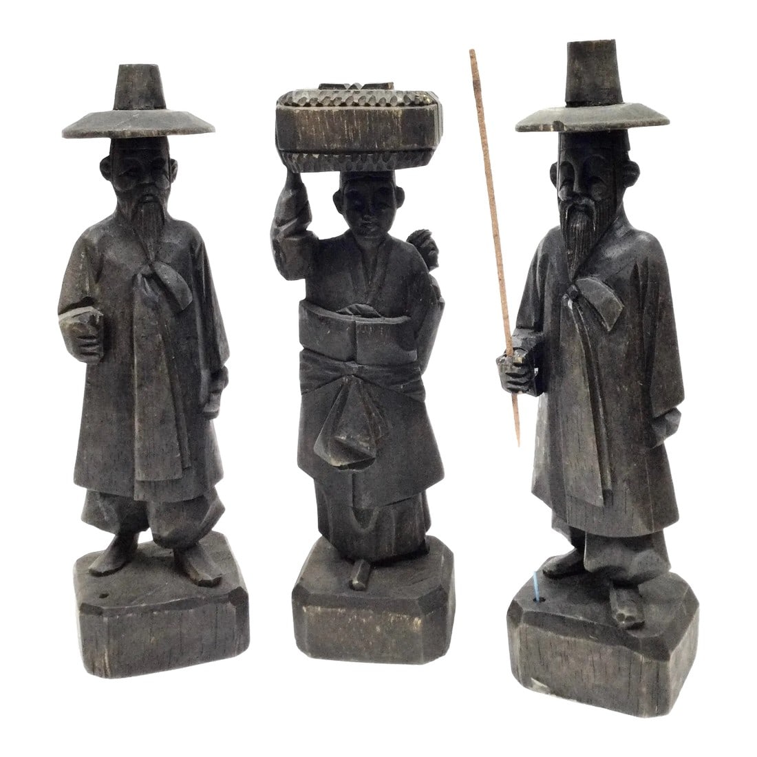 Antique Carved Wood Asian Men Incense Holder Set of 3: Probably Japanese, these carved mud men are perfect for the bookshelf to not only add beauty and style, but offer a cool way to use your incense sticks. Asian theme and in great antique condition
