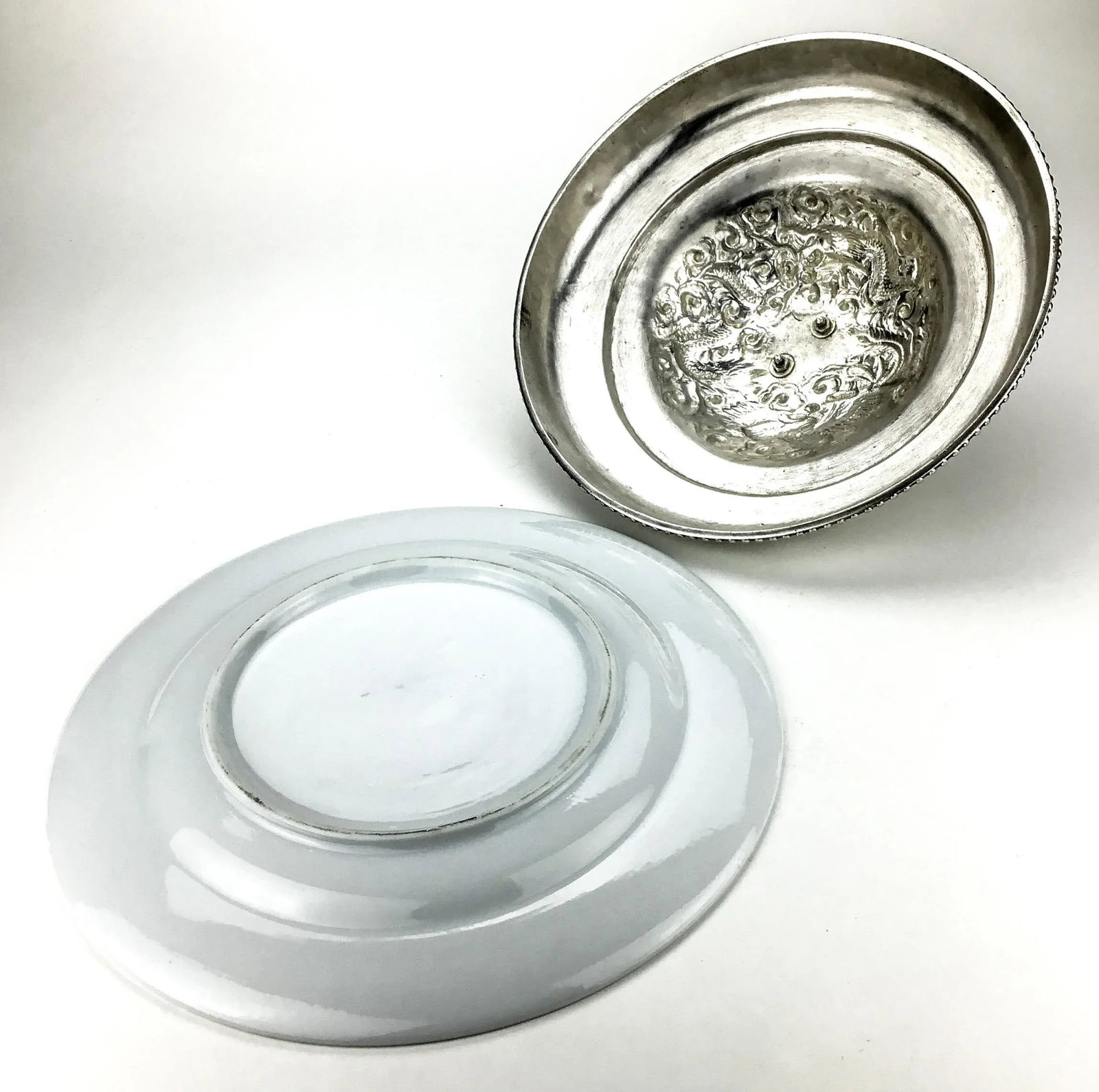 Silver Plate Heavy Elephant Lid With White Porcelain Serving Dish - 11