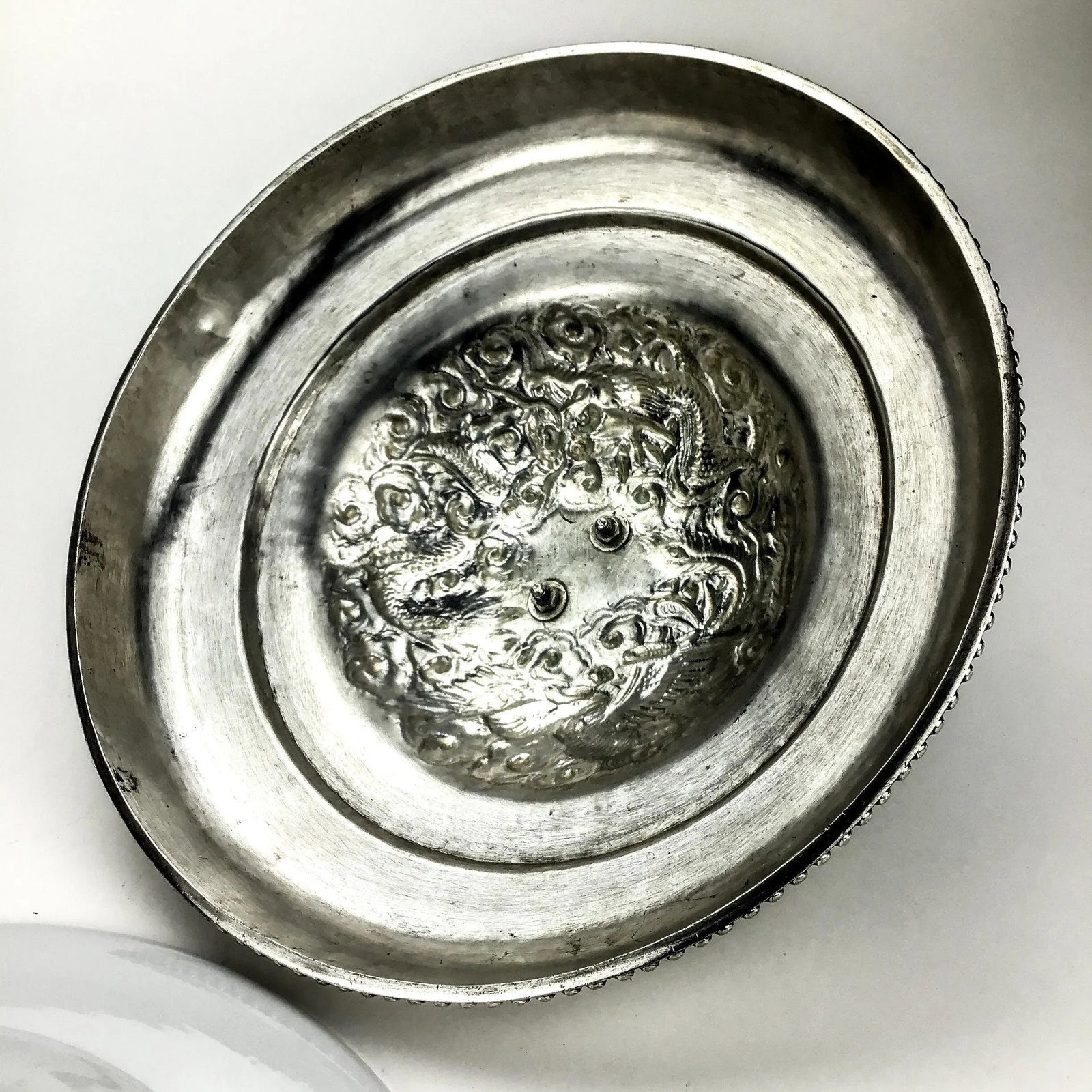 Silver Plate Heavy Elephant Lid With White Porcelain Serving Dish - 12