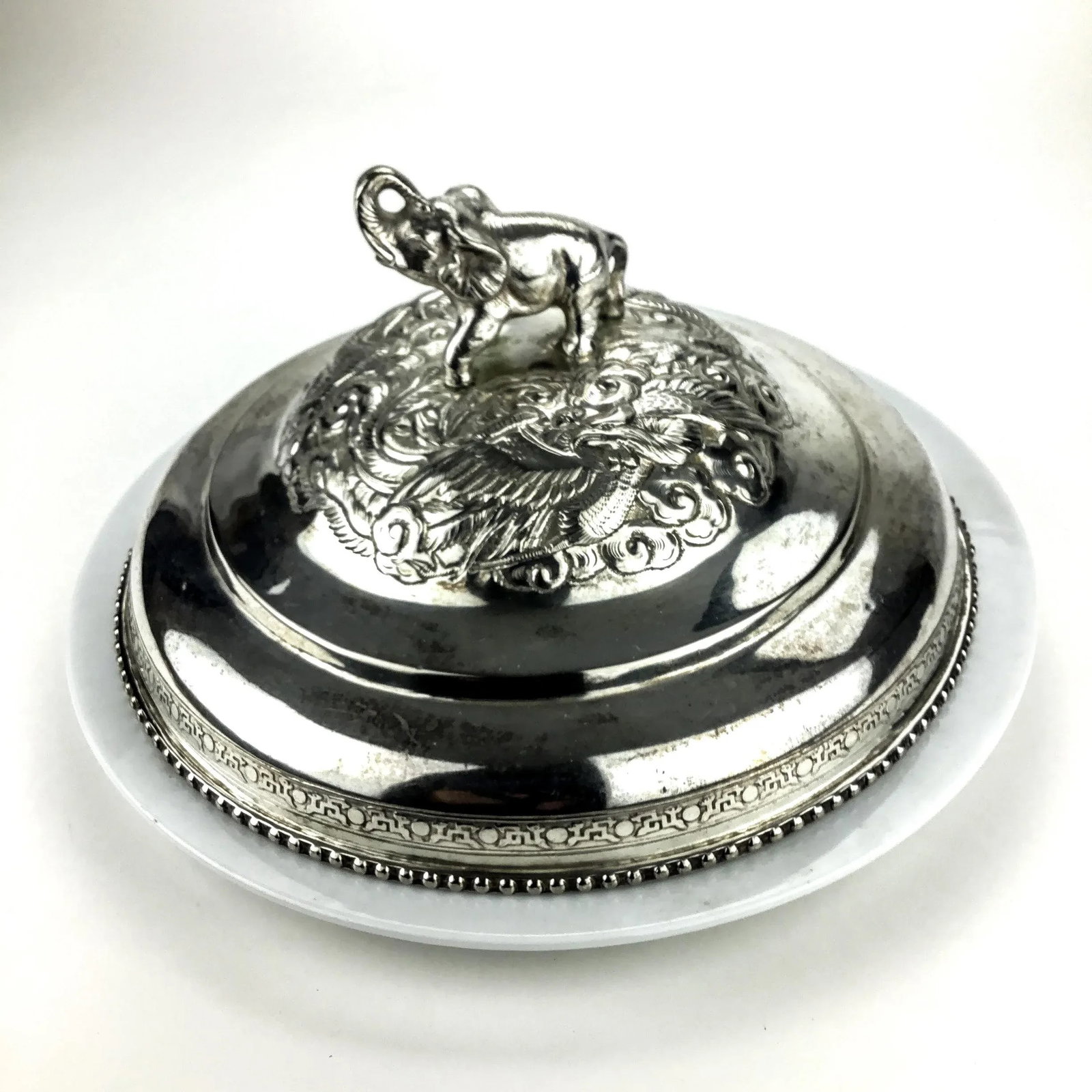 Silver Plate Heavy Elephant Lid With White Porcelain Serving Dish - 13
