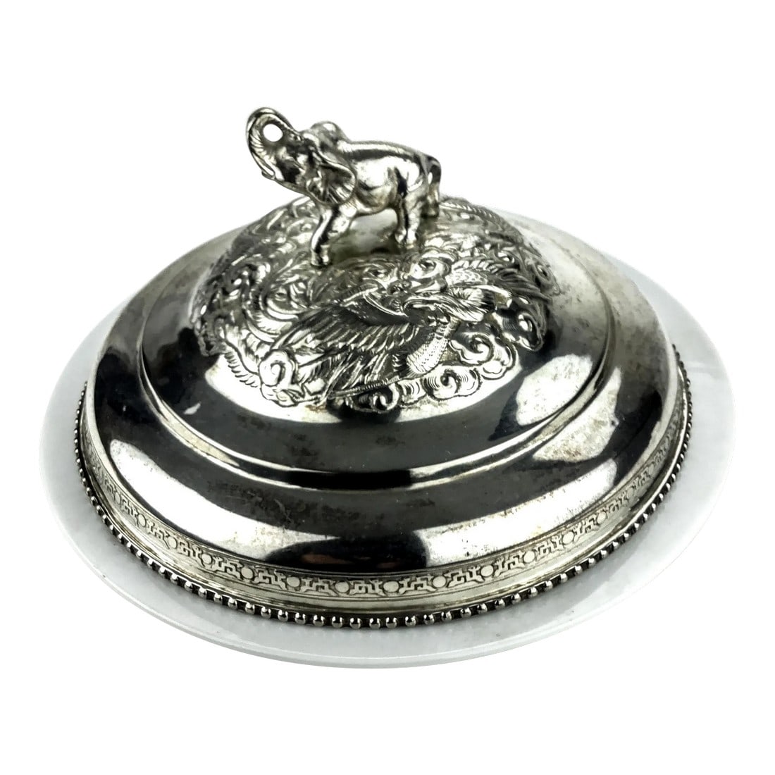 Silver Plate Heavy Elephant Lid With White Porcelain Serving Dish: Gorgeous carved vintage Elephant cover made from Silver Plate and hand made in Asia. This piece has been lovingly cared for and is ready to show off the curves and details. We added a simple white