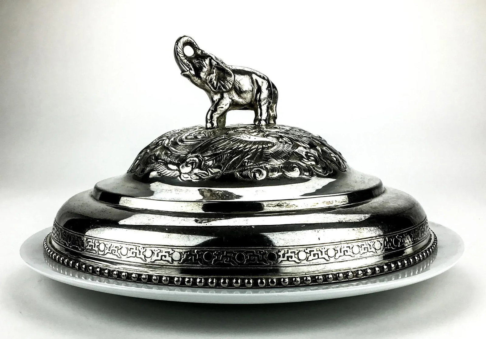Silver Plate Heavy Elephant Lid With White Porcelain Serving Dish - 2