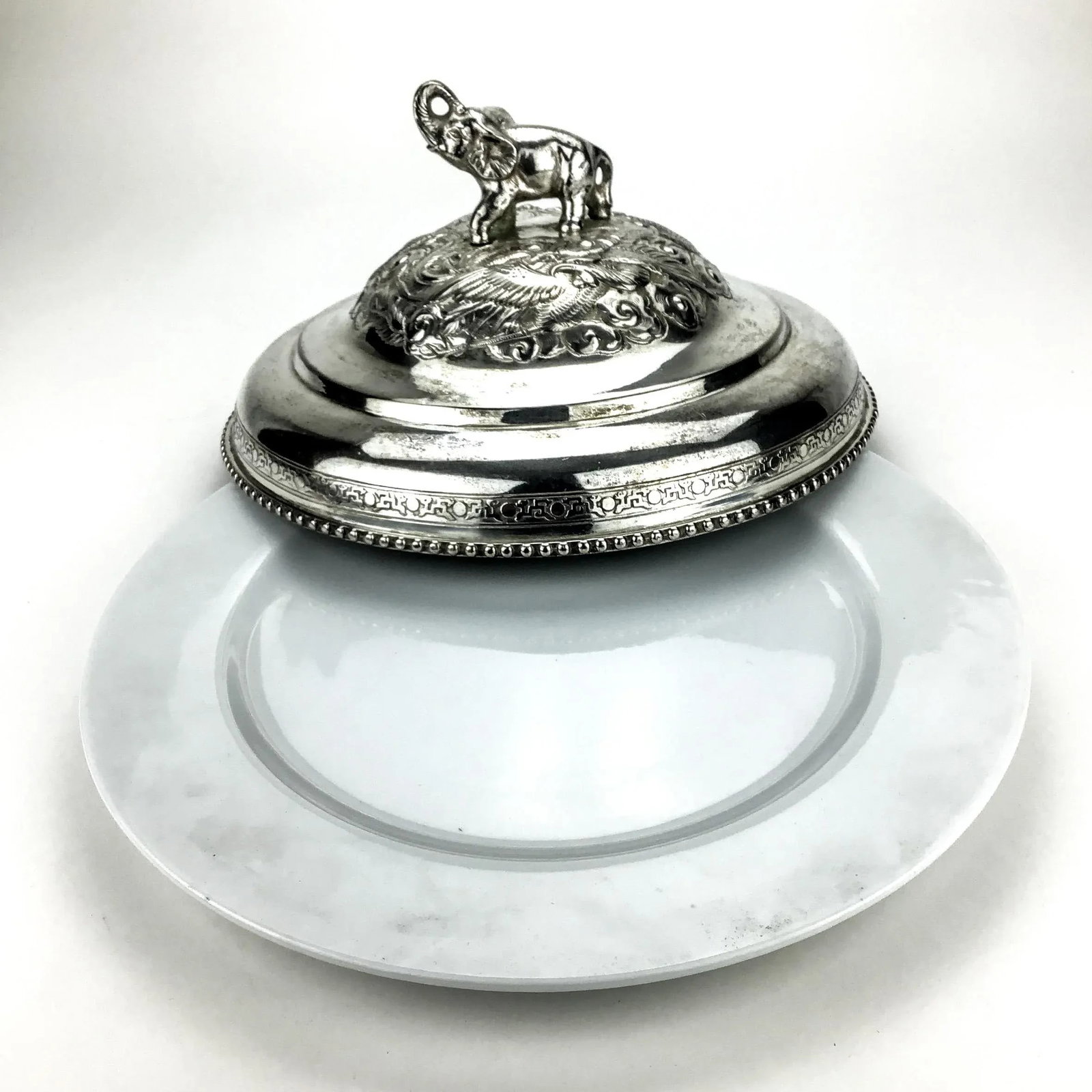 Silver Plate Heavy Elephant Lid With White Porcelain Serving Dish - 3