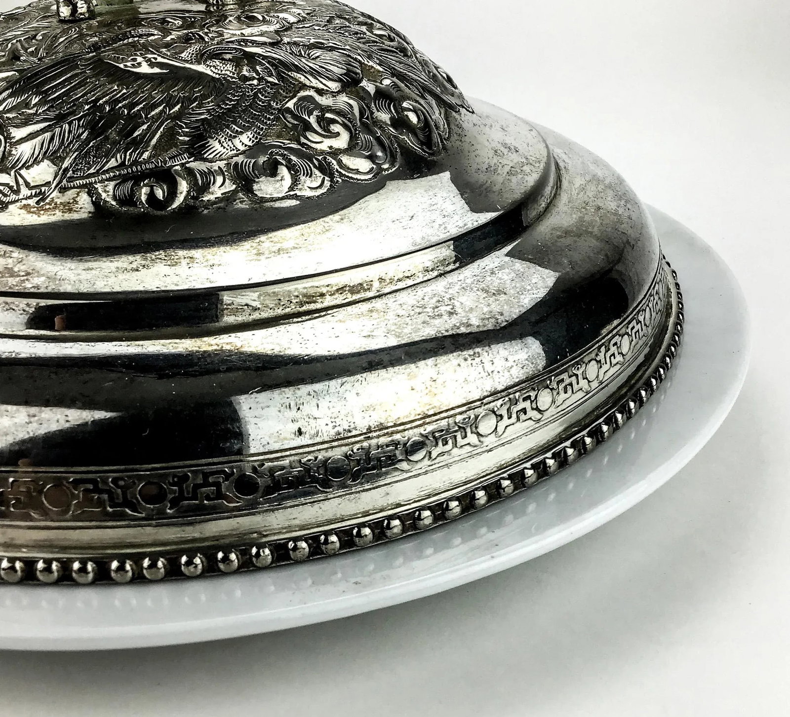 Silver Plate Heavy Elephant Lid With White Porcelain Serving Dish - 4