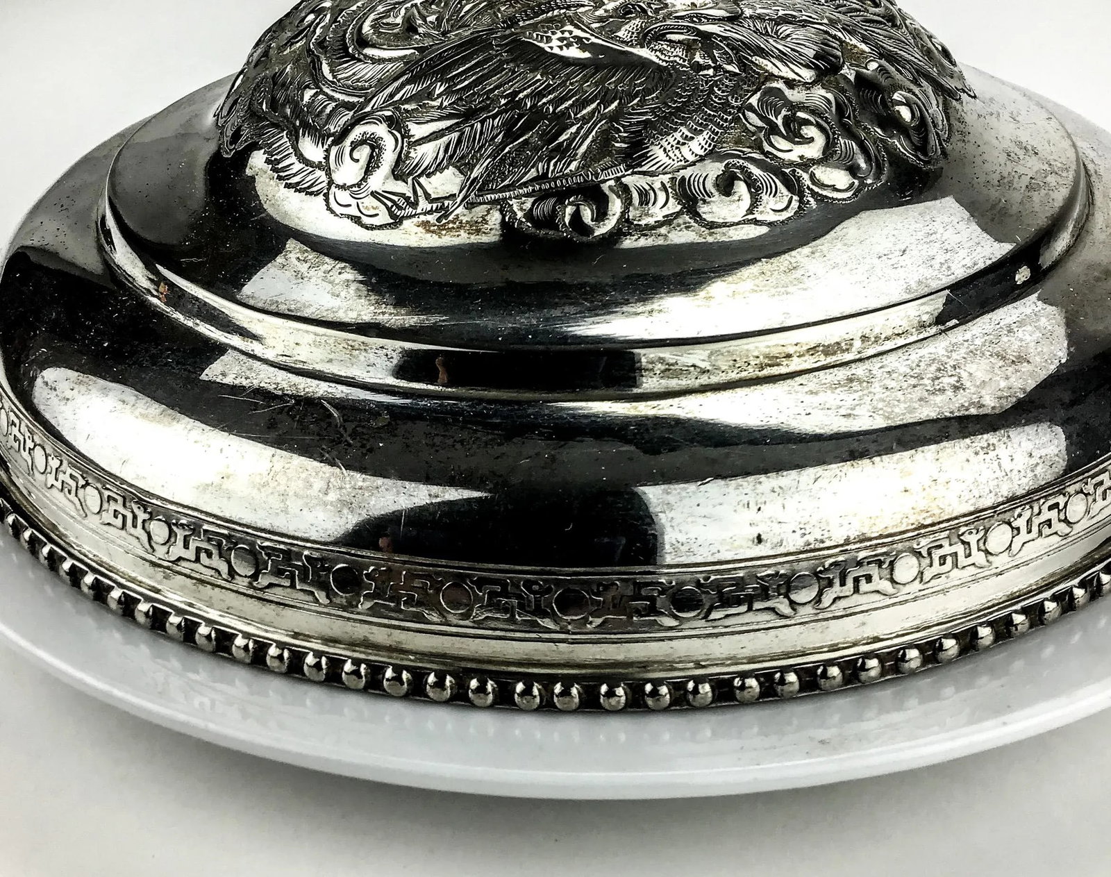 Silver Plate Heavy Elephant Lid With White Porcelain Serving Dish - 5