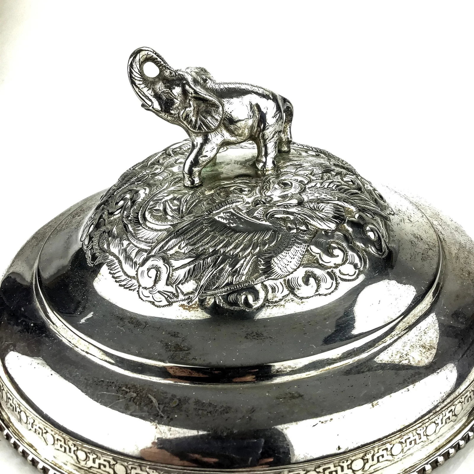 Silver Plate Heavy Elephant Lid With White Porcelain Serving Dish - 6