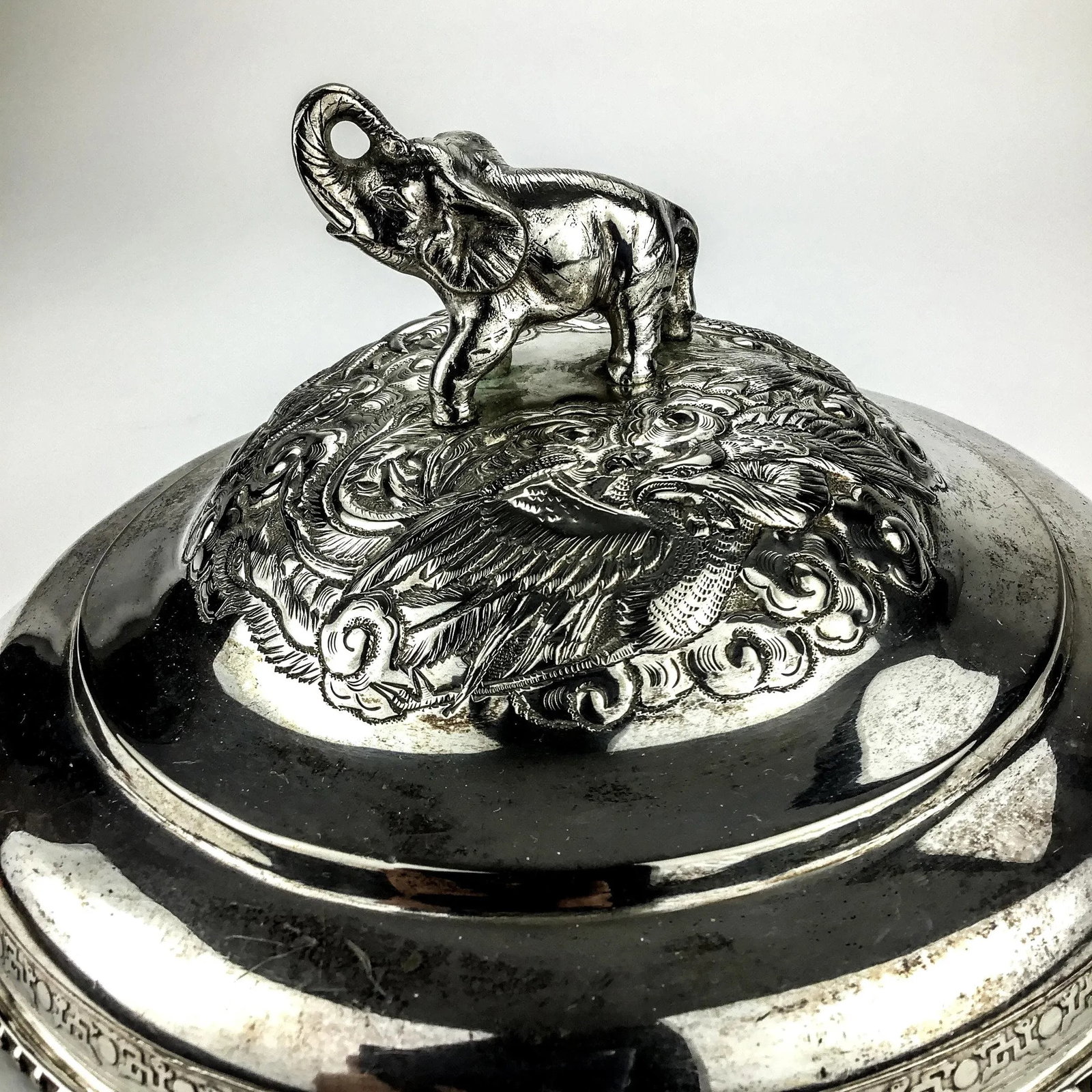 Silver Plate Heavy Elephant Lid With White Porcelain Serving Dish - 7
