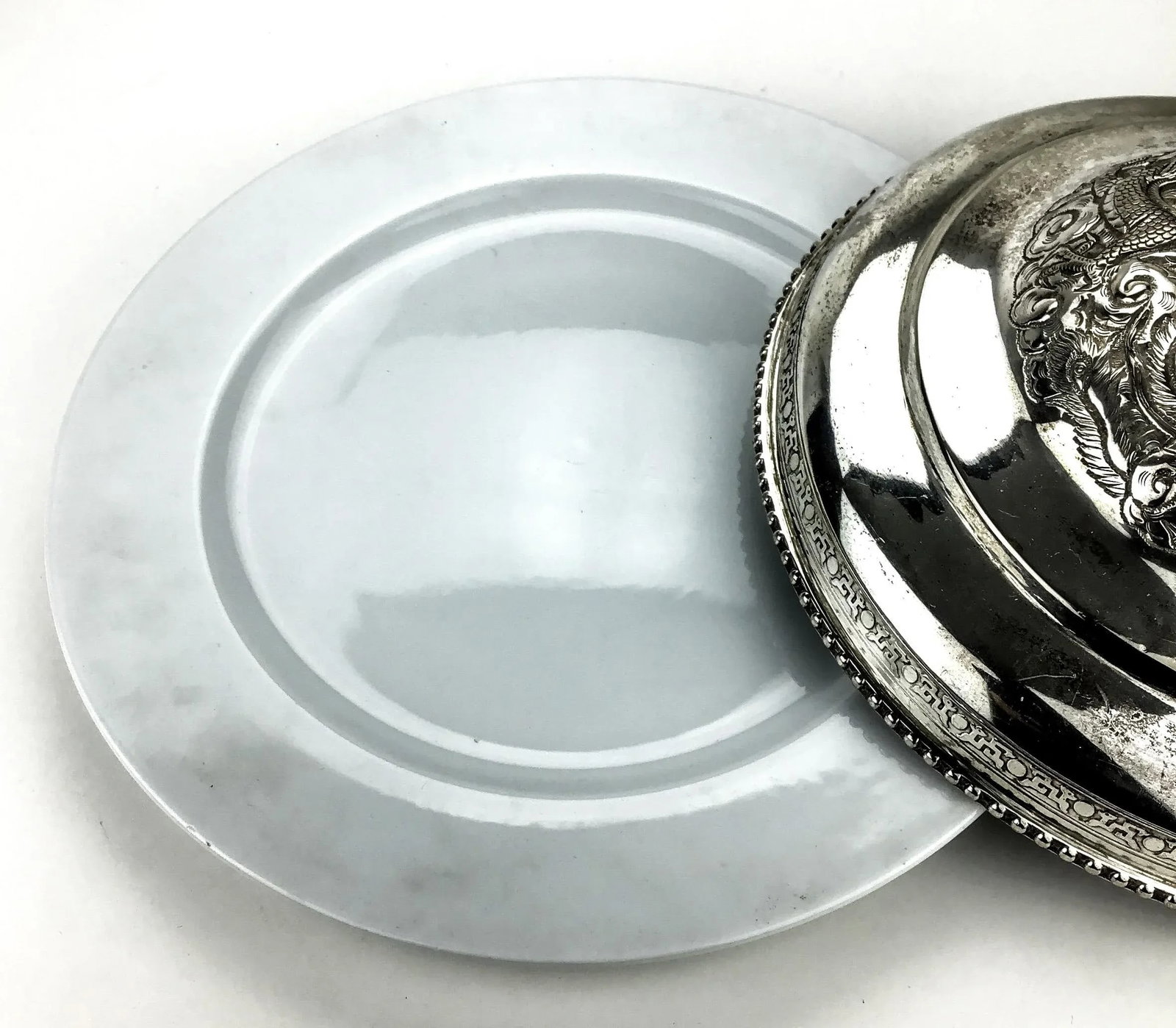 Silver Plate Heavy Elephant Lid With White Porcelain Serving Dish - 8