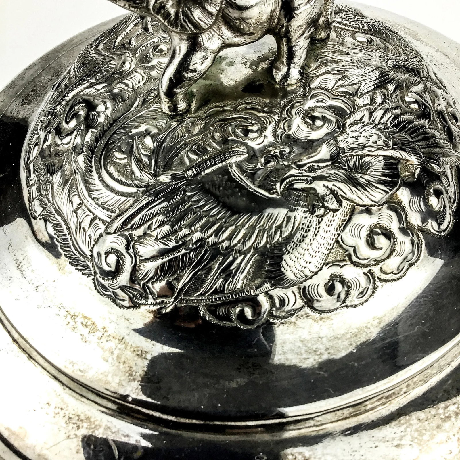 Silver Plate Heavy Elephant Lid With White Porcelain Serving Dish - 9