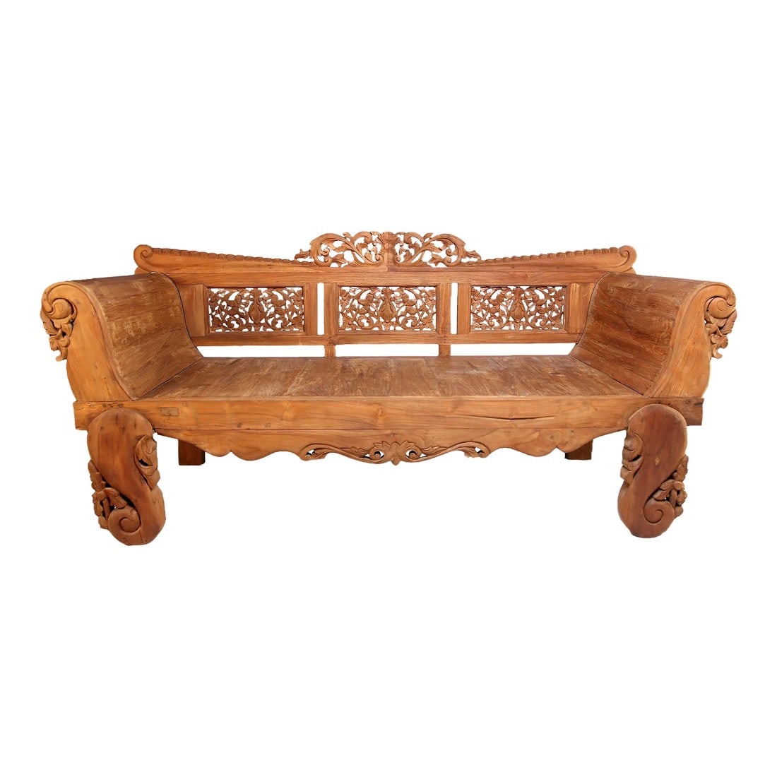 Bali Teak Daybed With Hand Carved Rails 24: Hand carved back combined with the natural rustic patina of the teak wood, this daybed is a nice mix of handsome Balinese carving and natural organic style. It will be a unique daybed or seating in