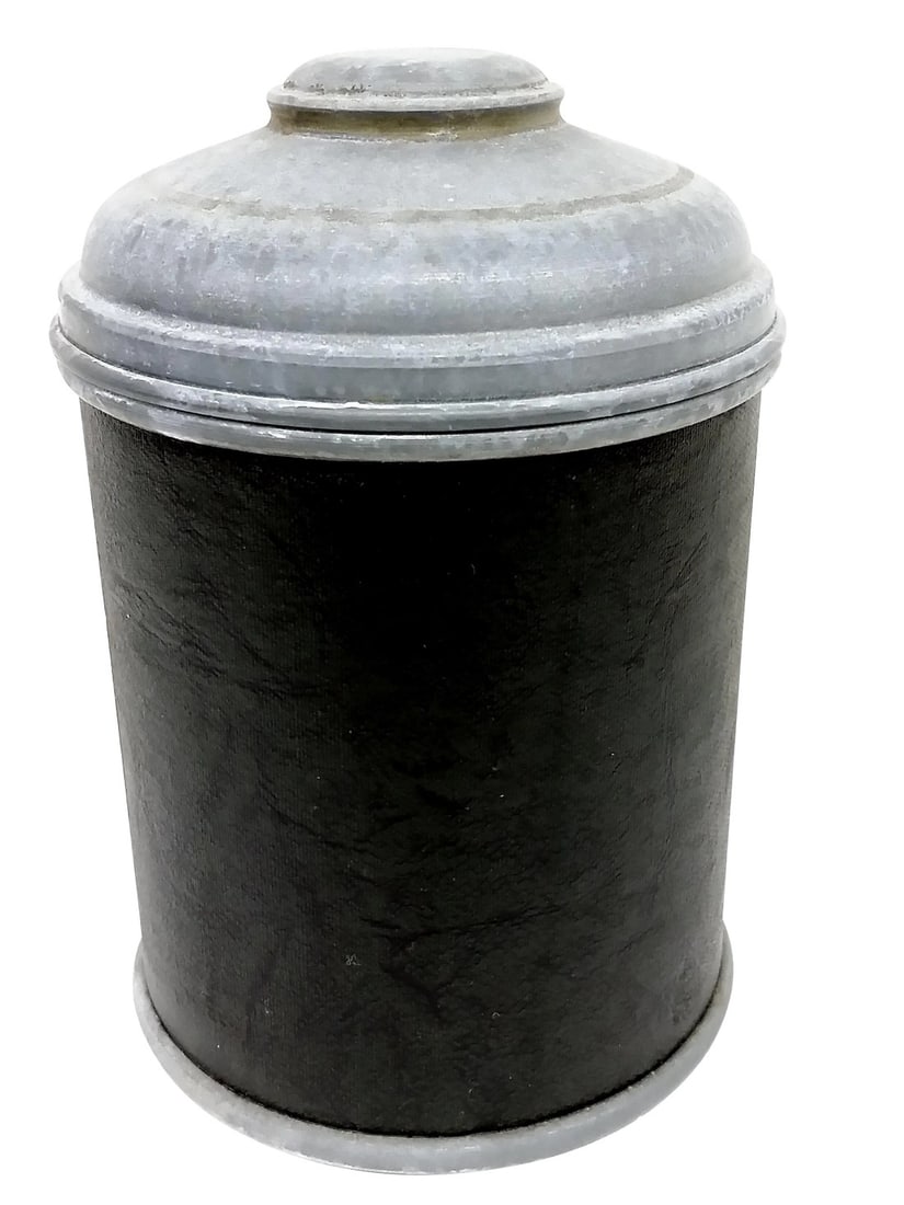Antique Galvanized Steel Tobacco Canister: A very unique canister designed to hold and store your tobacco supply. The lid has a built in Aztec clay tablet holder inside which can be replaced when it runs out. This tablet works to reduce the hu