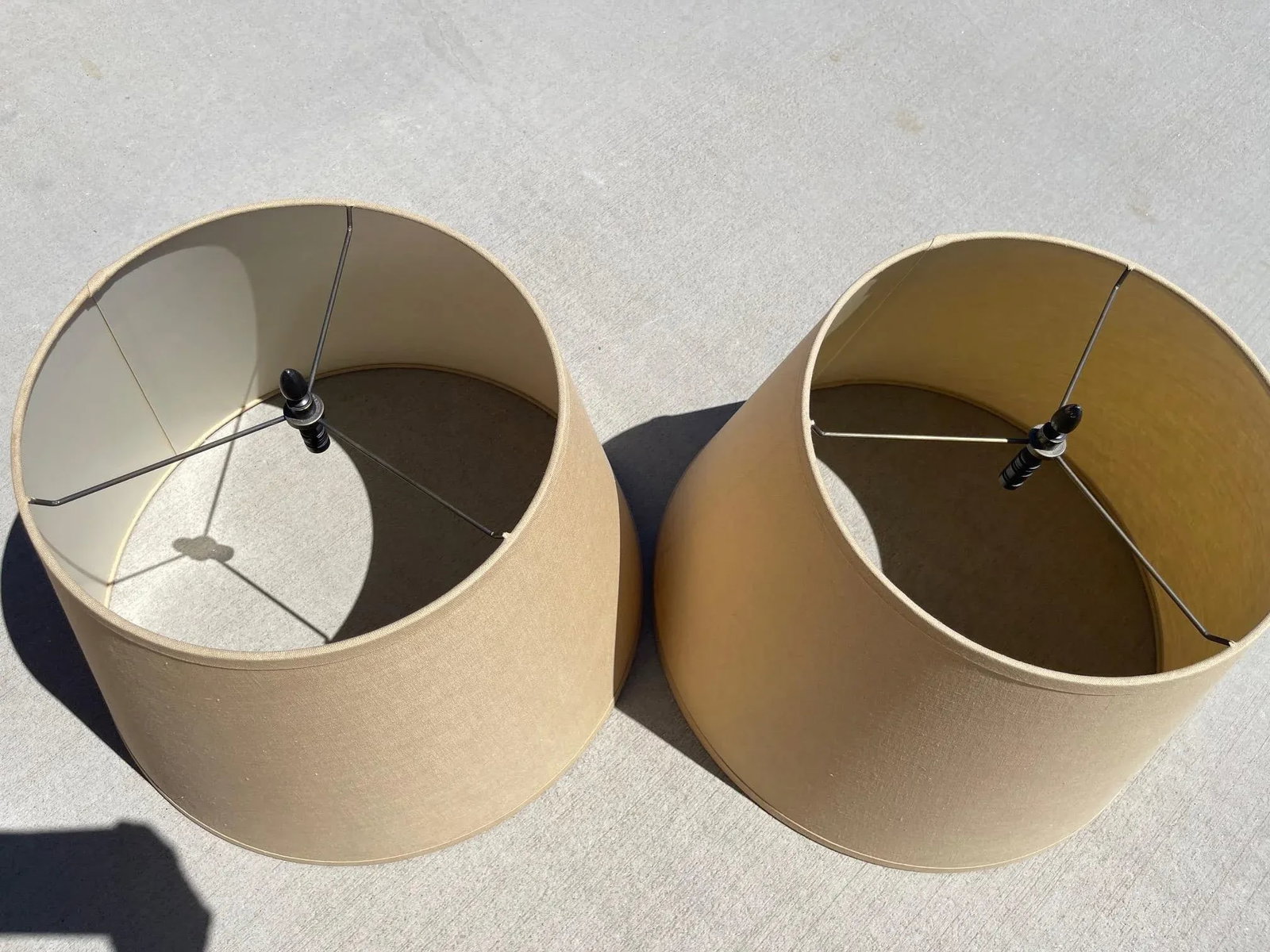 Restoration Hardware English Barrel Tan Lamp Shades W/ Antique Brass Finials-A Pair - 2