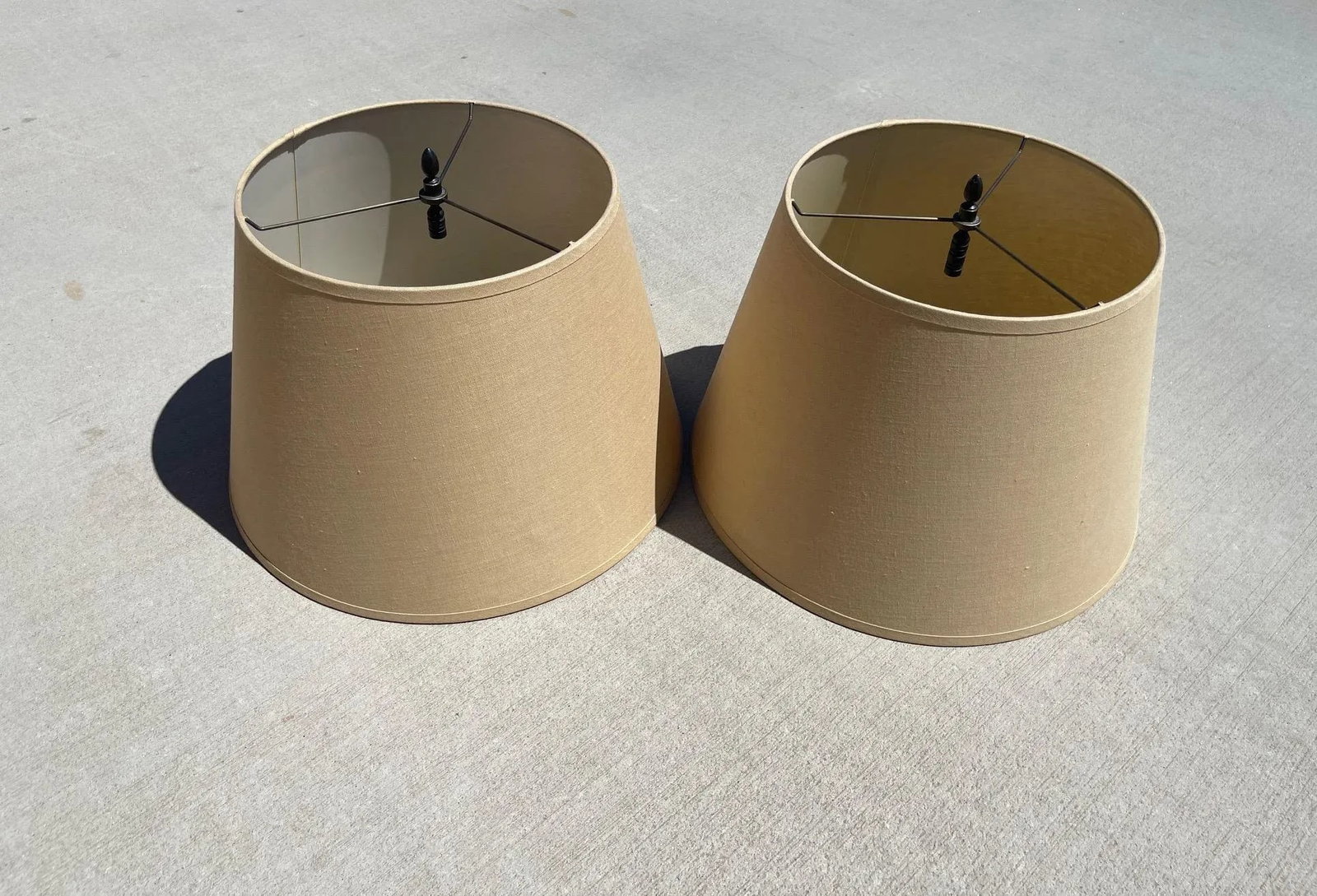 Restoration Hardware English Barrel Tan Lamp Shades W/ Antique Brass Finials-A Pair - 4