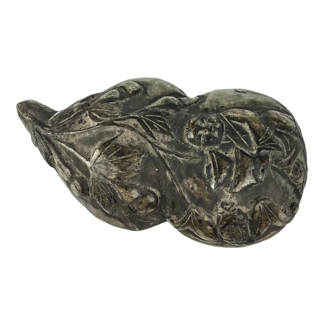 Chinese Antique Carved Soapstone Covered Vessel: Imagine this cool heavy covered gourd shaped vessel sitting on a table next to your sofa where guests sit and relax. How could they resist asking you what it is? Well it's a surprise inside where you