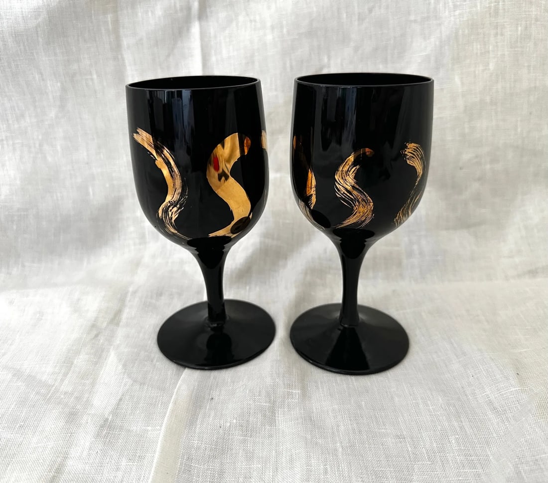 Black & Gold Pair of 2 Wine Glasses - 5