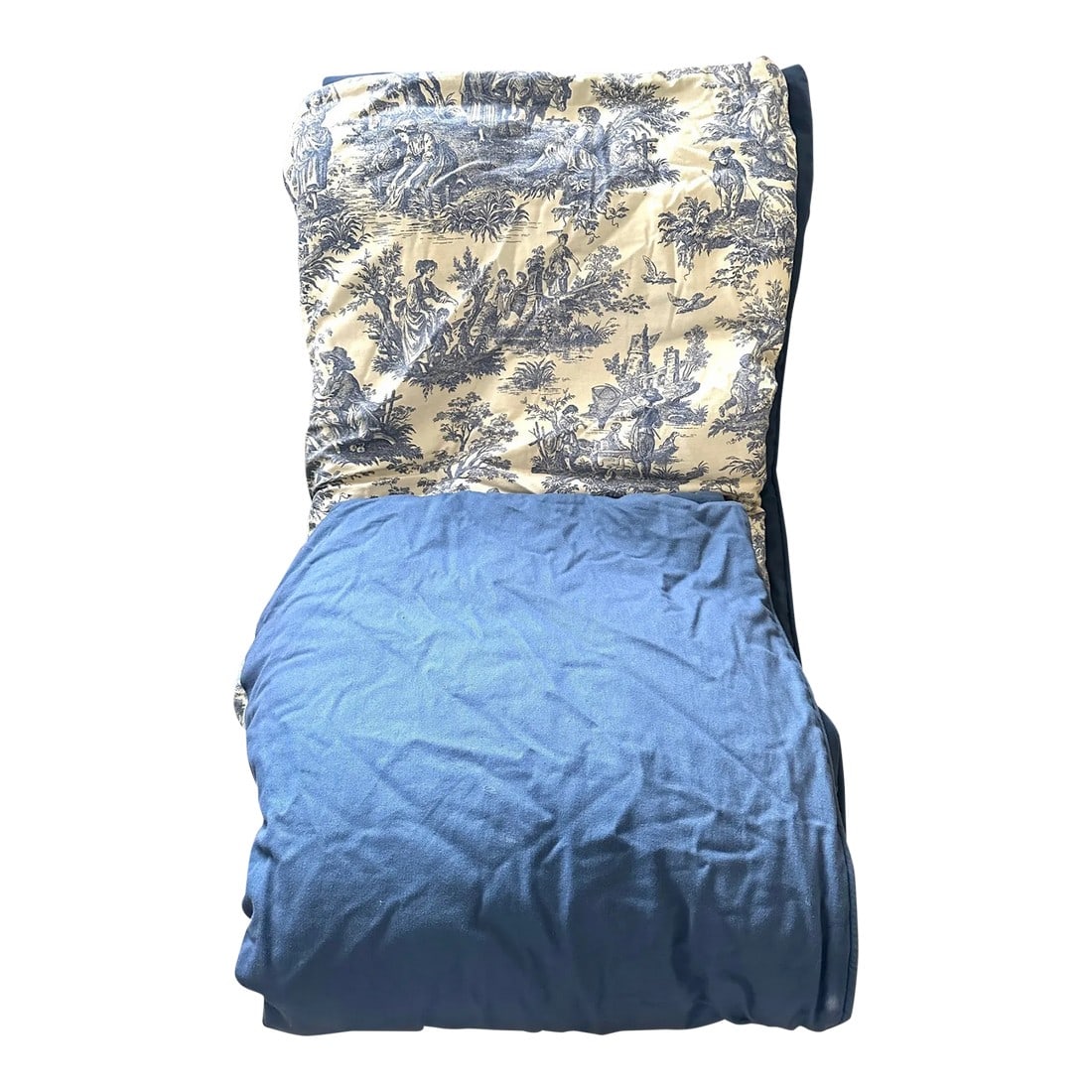 Blue Toile Queen Coverlet: Beautiful Blue Twill & Blue/White Toile Queen Bedding w/Decorative Pillow. This was from the Estate Sale of Blue & White Items that were custom made for the owner. The matching Drapes are in another