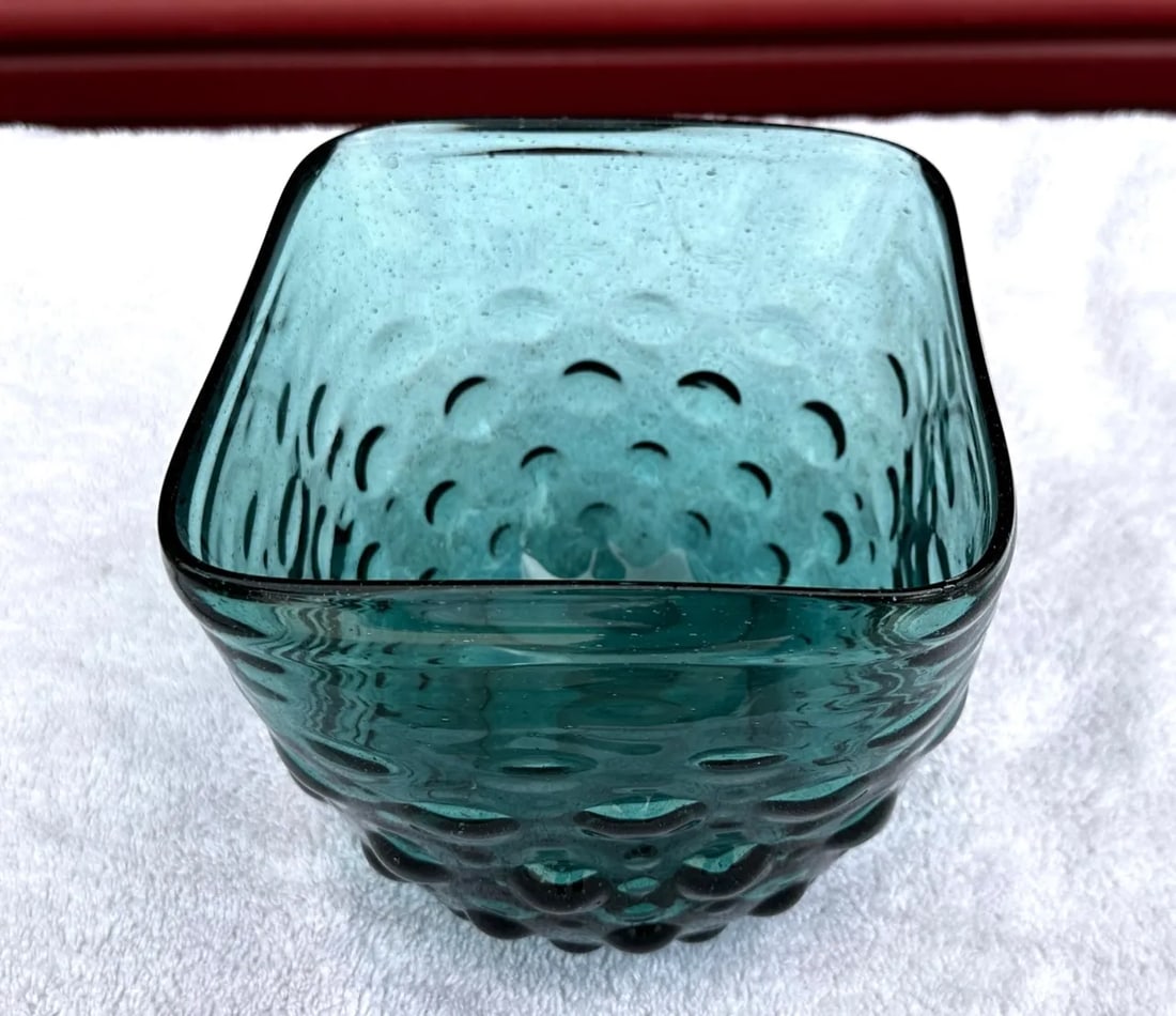 Vintage Teal Blue Empoli Hand Blown Hobnail Square Bowl - 2