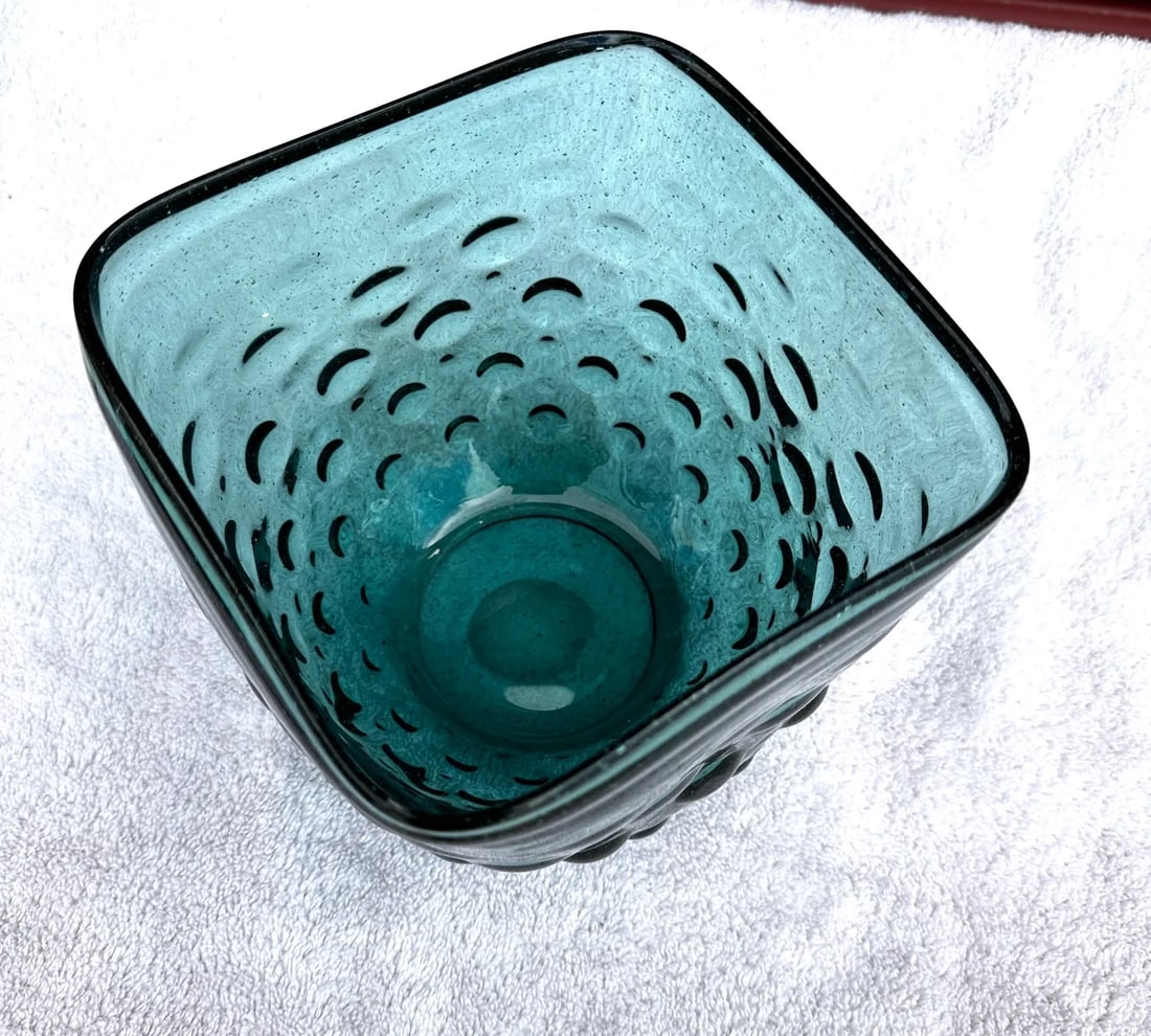 Vintage Teal Blue Empoli Hand Blown Hobnail Square Bowl - 3