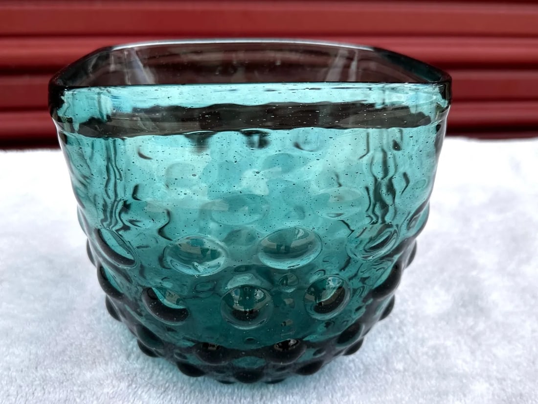 Vintage Teal Blue Empoli Hand Blown Hobnail Square Bowl - 4