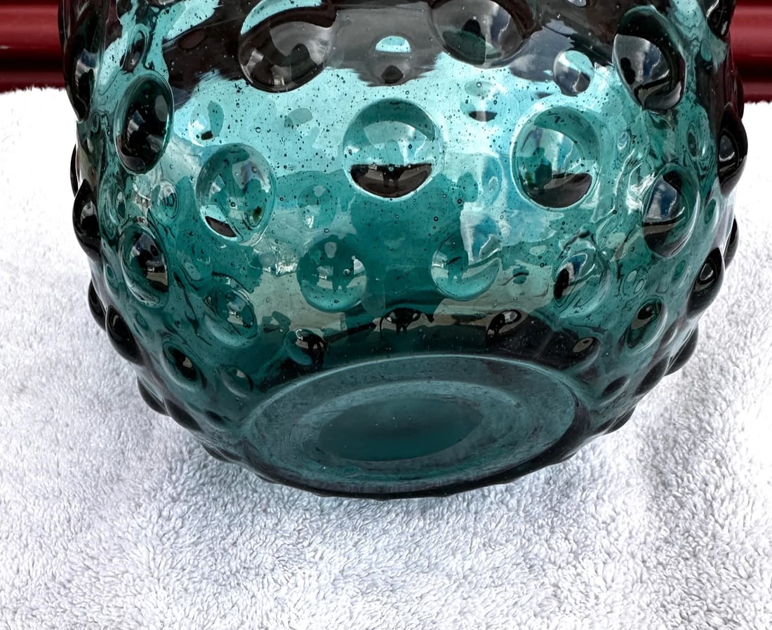 Vintage Teal Blue Empoli Hand Blown Hobnail Square Bowl - 5