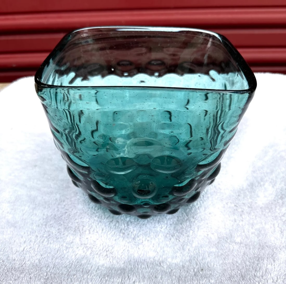 Vintage Teal Blue Empoli Hand Blown Hobnail Square Bowl - 6