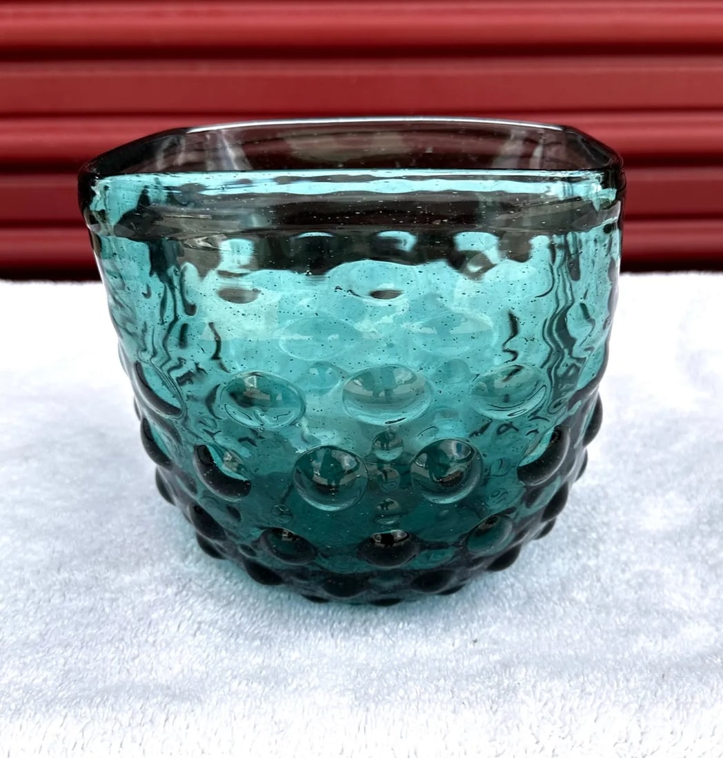 Vintage Teal Blue Empoli Hand Blown Hobnail Square Bowl - 7