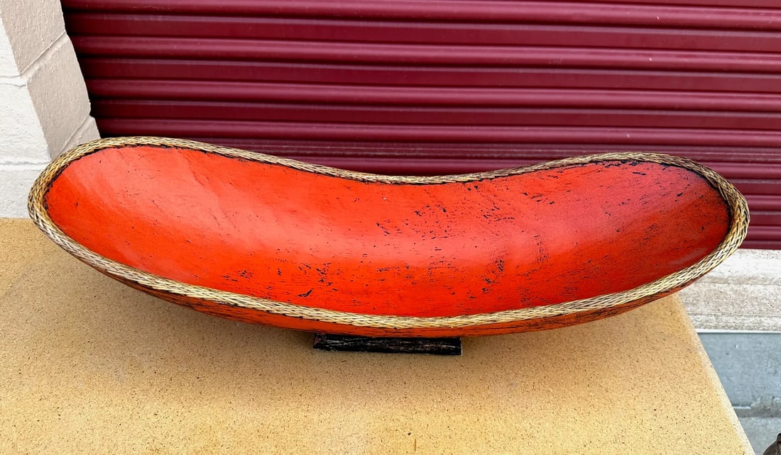 Chinese Carved Wood Decorative Bowl W/Rattan Trim - 6