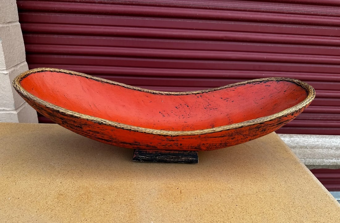 Chinese Carved Wood Decorative Bowl W/Rattan Trim - 7