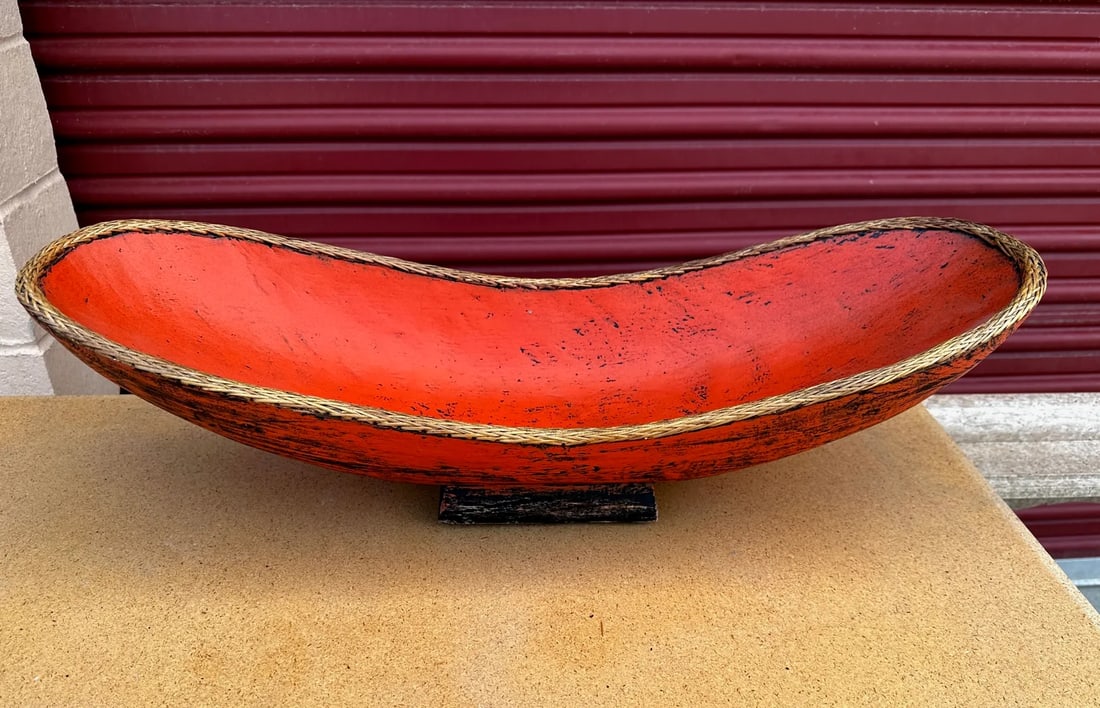 Chinese Carved Wood Decorative Bowl W/Rattan Trim - 8