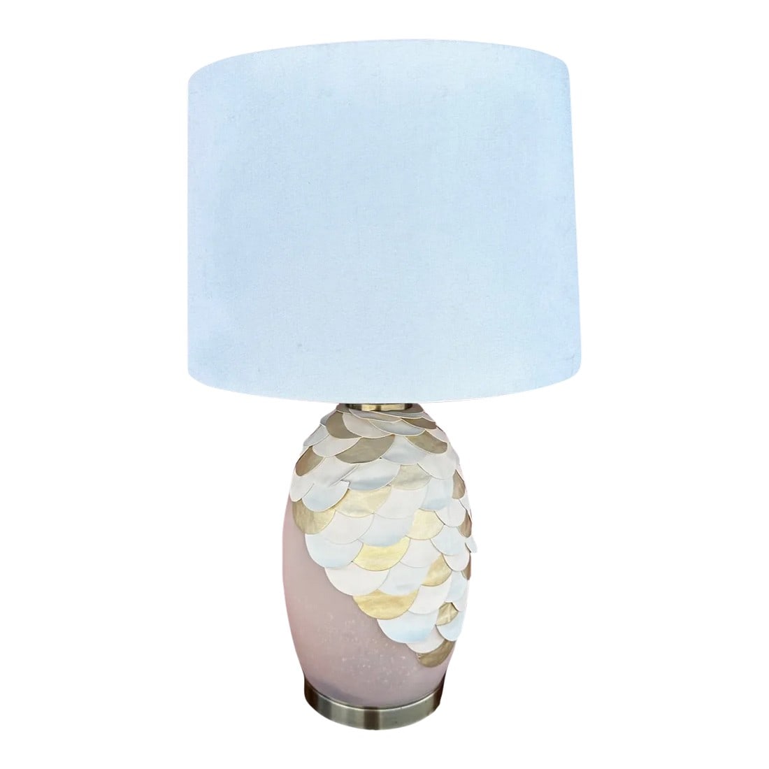 Vintage Peach W/Metallic Leather Table Lamp W/Shade: Vintage Coastal Leather Detail Scales Over a Glass Base and Chrome base. Perfect for a girls room, It has that coastal mermaid vibe. 20in h x 8in w 26in h to finial 10.5in h x 16in w shade Make sure t