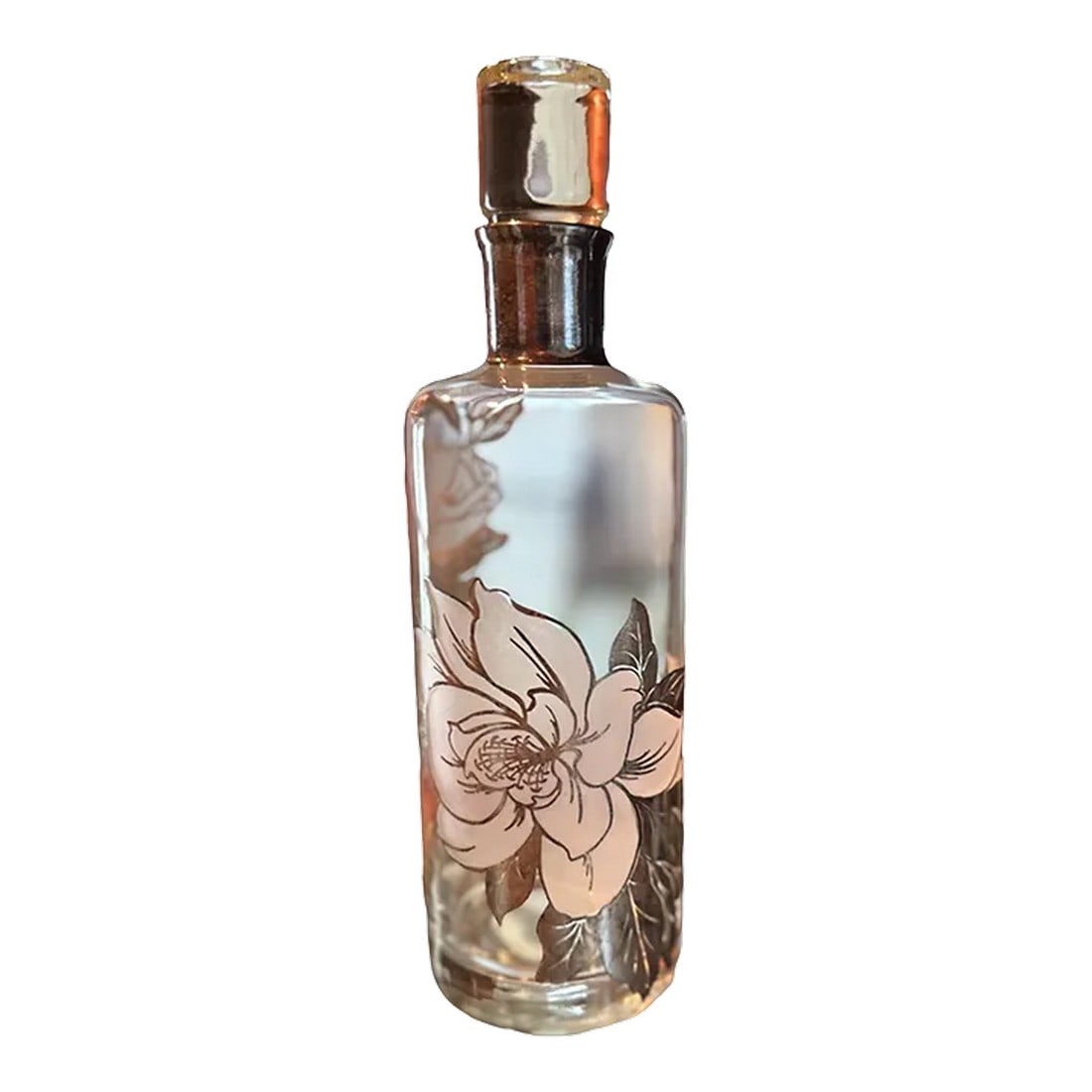 Vintage Decanter Sterling Silver Overlay Rockwell 1950's: Offering a vintage silver overlay decanter from mid-20th century. Manufactured by the Rockwell Silver Company known for high-quality silver work. Pattern produced in the 1950's features a peony flower