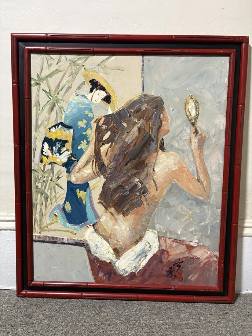 Artist Signed Japanese Impressionistic Woman Oil On Canvas Painting: The frame measures 33 1/4” x 28 1/2” and the canvas measures 29” x 24”. I believe it dates around 2000. It is in good condition and is being sold as is Shipping:Domestic: