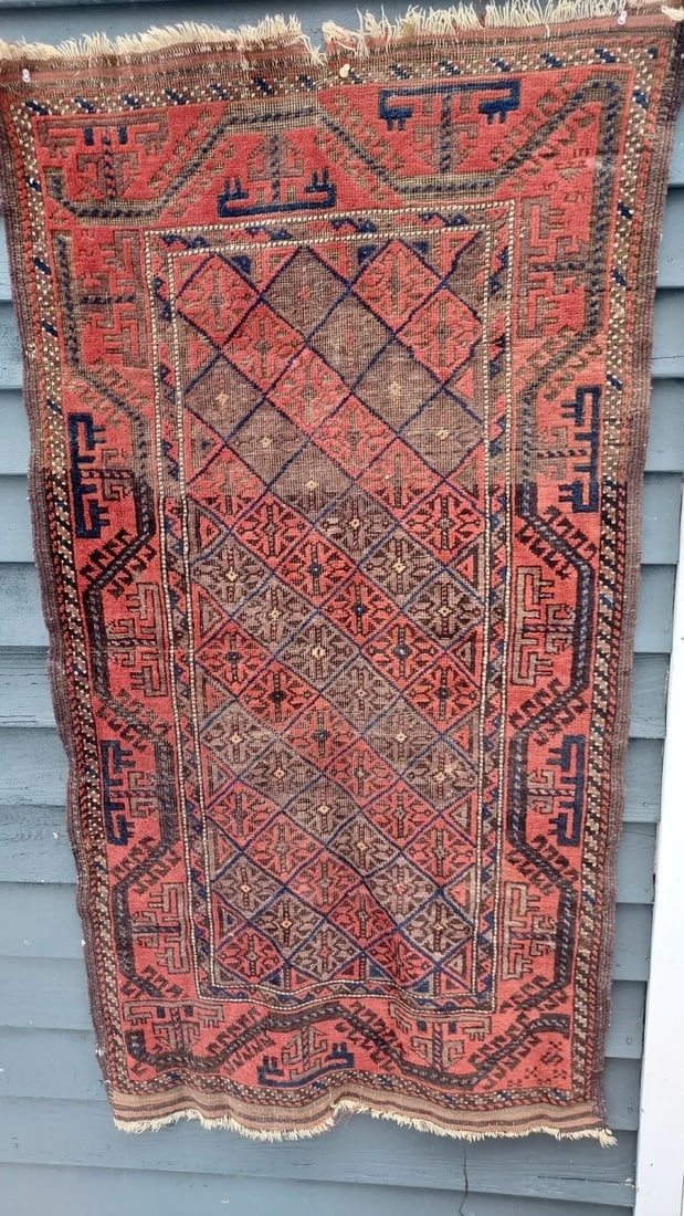 Antique Rug Carpet Old Hand Woven Red barluch: Great looking piece in good condition. Carpet is brighter than photo, Edge damage and some fading. Measure 2 x 4 feet. Shipping charges include insurance. BID WITH CONFIDENCE AS ALL ITEMS ARE GUARANTE