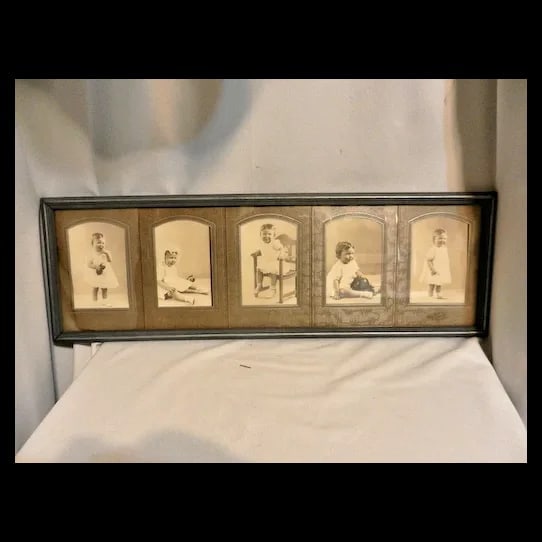 Vintage Multiple Horizontal Picture Frame with Pictures: This is a charming Vintage Multiple Horizontal Picture Frame, complete with original vintage pictures. The frame is made of wood and features a simple, classic design. It holds three horizontal