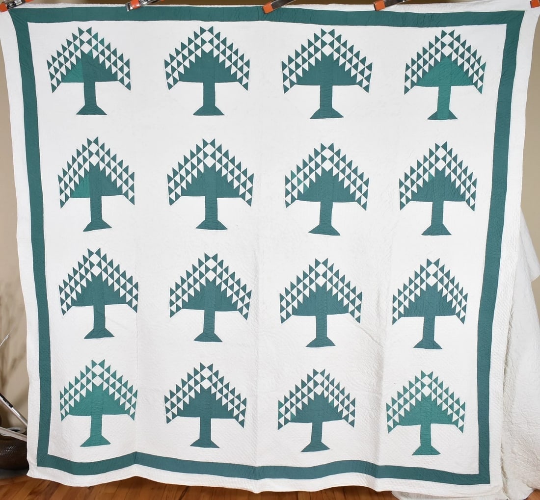 30's Green & White Pine Tree Quilt: This OUTSTANDING cotton 1920's/1930's green and white tree of life quilt is hand pieced and hand quilted. It measures 88" X 94" and is in excellent condition, with a couple of small, faint spots (hard